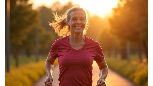 Srećna, vitalna žena srednjih godina koja trči na otvorenom, simbolizujući postignuti fitnes cilj