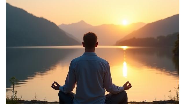 Mirna osoba koja meditira na obali jezera pri izlasku sunca, simbolizujući mentalno blagostanje i mir