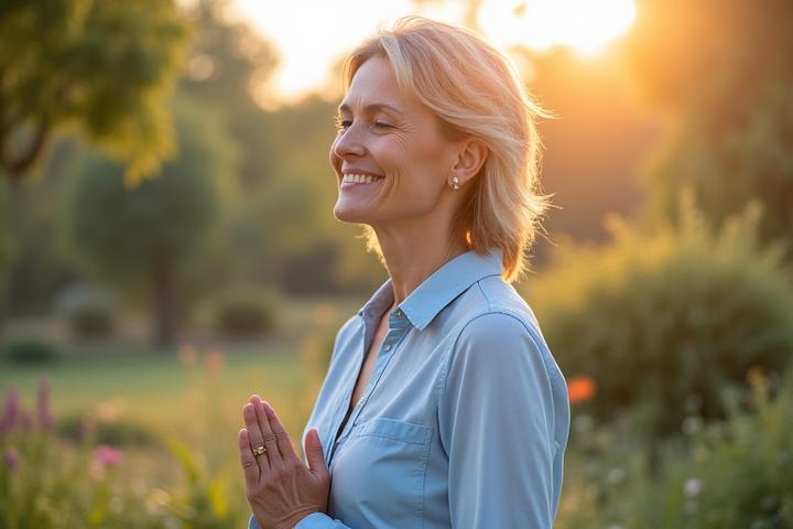 Mirna žena u 40-im godinama meditira na otvorenom demonstrirajući spokoj i mentalno blagostanje.