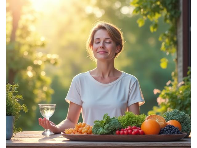 Žena srednjih godina meditira mirno u prirodi, dok se pored nje nalazi stol sa svežim voćem i povrćem, simbolizujući povezanost uma i tela.