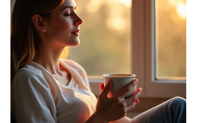 Relaksirana žena srednjih godina, očiju zatvorenih, drži šoljicu čaja u rukama, sedeći na sunčanom prozoru, simbolizujući jutarnju mindfulness rutinu.