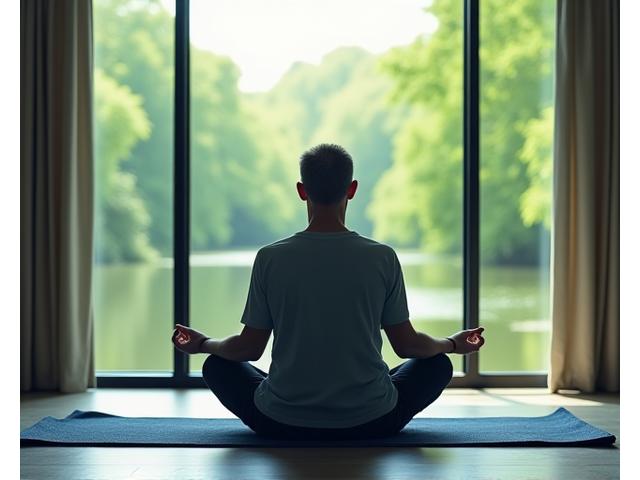 Osoba u mirnoj pozi meditacije na obali reke, sa zracima sunca, simbolizujući mentalno blagostanje i fokus.