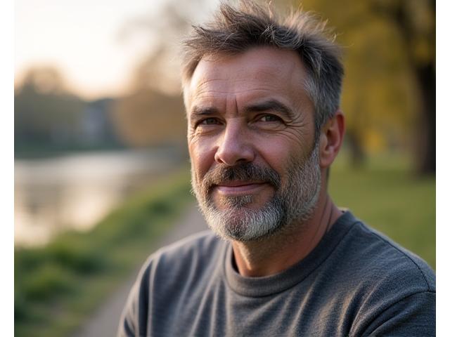 Marko Petrović, 55, opušten i smiren, meditira u prirodi, simbolizujući poboljšano mentalno zdravlje.