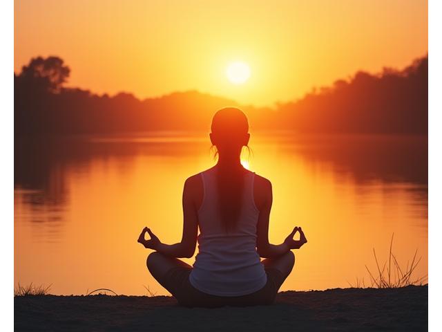 Osoba meditira na obali reke tokom zalaska sunca, simbolizujući mir i praksu svesnosti.